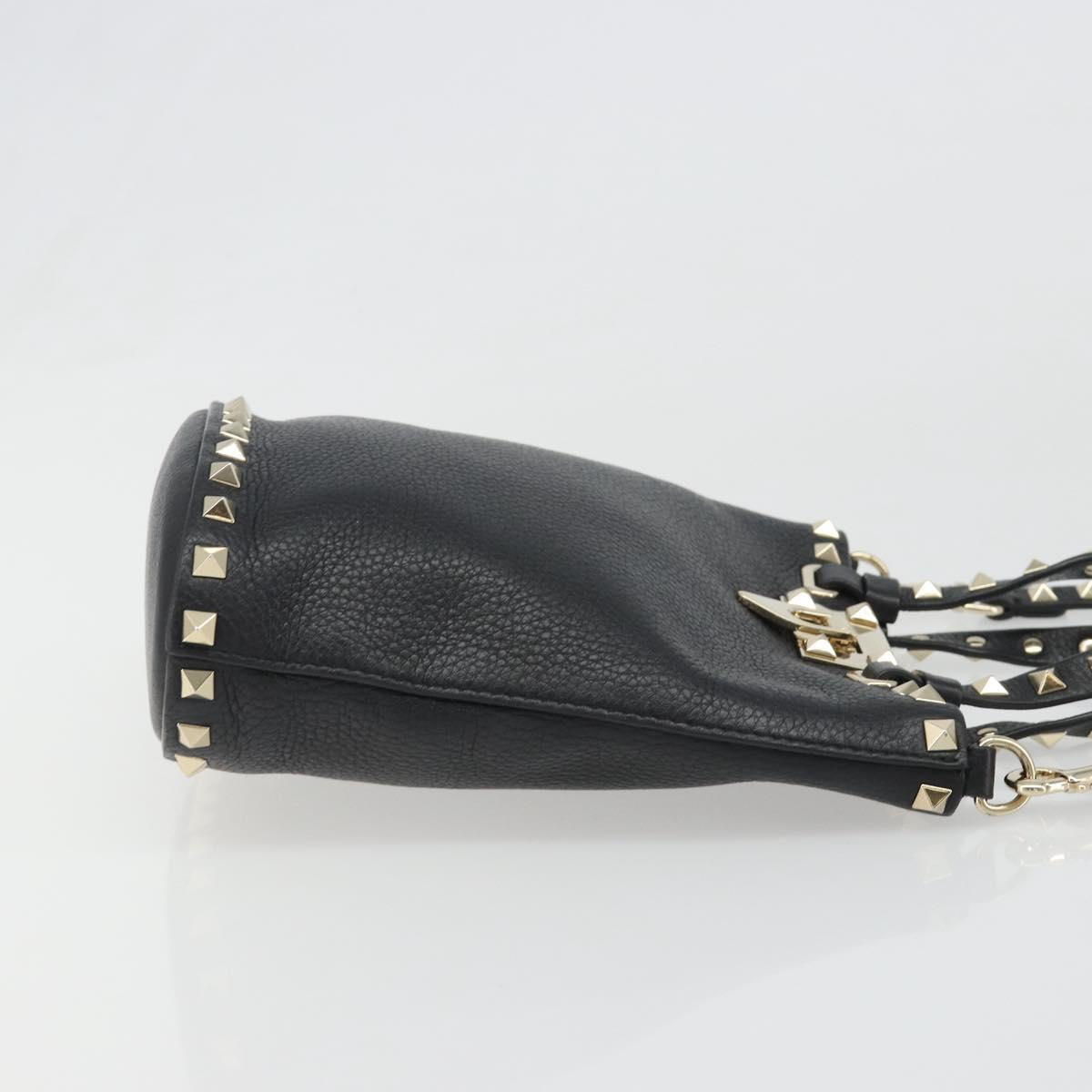 VALENTINO Studs Hand Bag Leather 2way Black Gold Auth BA13515V