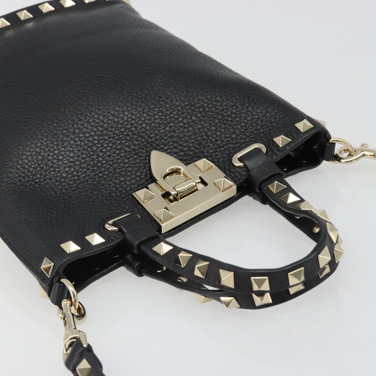 VALENTINO Studs Hand Bag Leather 2way Black Gold Auth BA13515V