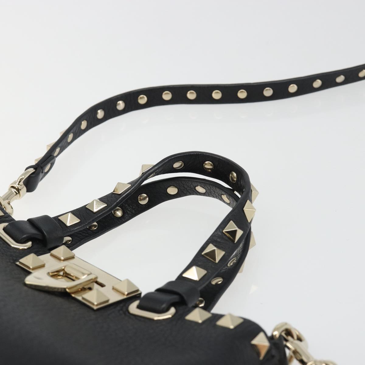 VALENTINO Studs Hand Bag Leather 2way Black Gold Auth BA13515V