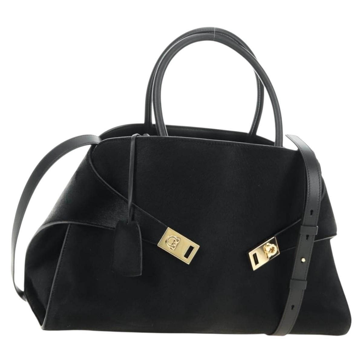 Salvatore Ferragamo Gancini Bag Harako leather 2way Black Gold Auth BA13517M