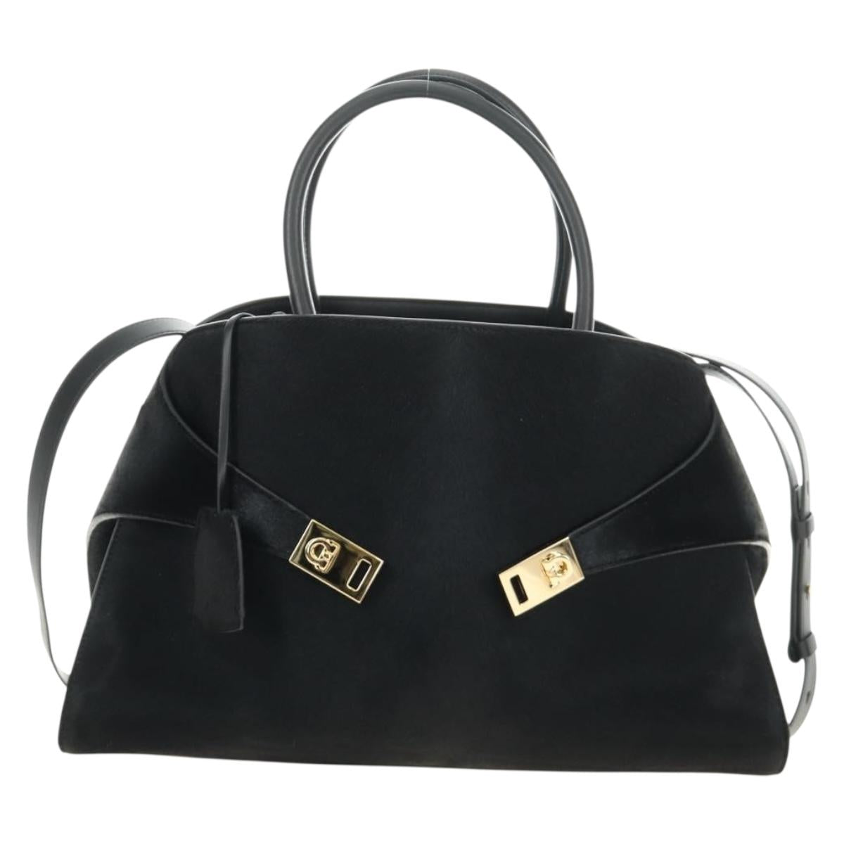 Salvatore Ferragamo Gancini Bag Harako leather 2way Black Gold Auth BA13517M