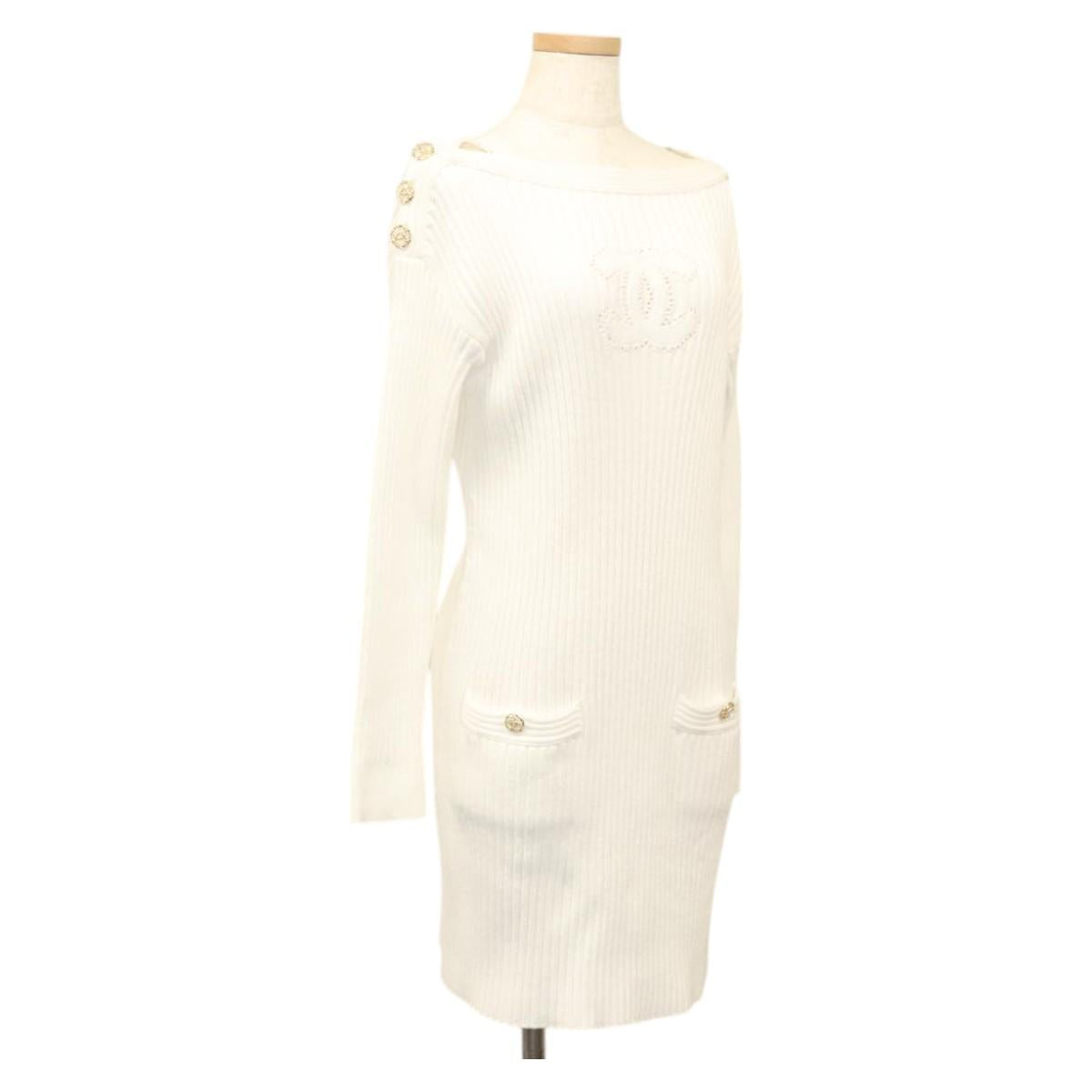 CHANEL One Piece Knitted Fabrics White CC Auth BA1351M
