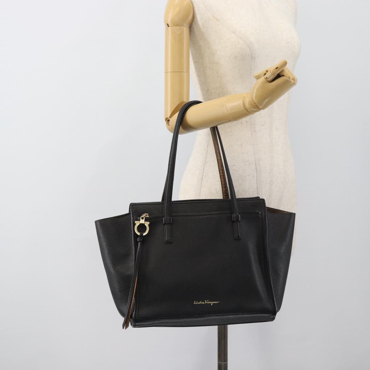 Salvatore Ferragamo Gancini Tote Bag Leather Black Gold Auth BA13523A