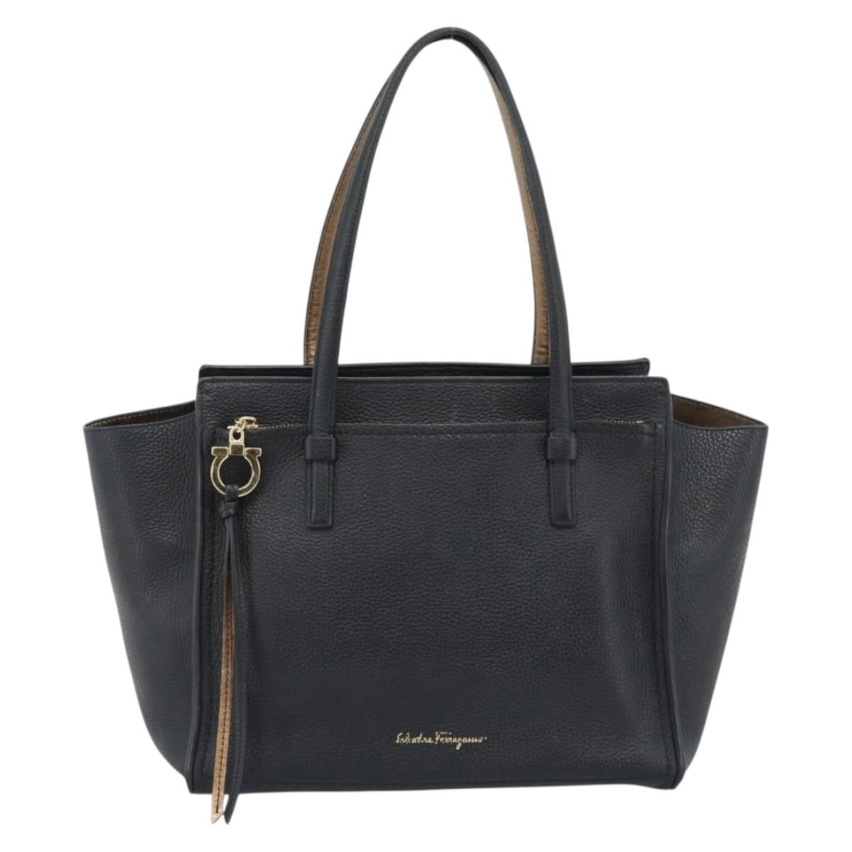 Salvatore Ferragamo Gancini Tote Bag Leather Black Gold Auth BA13523A