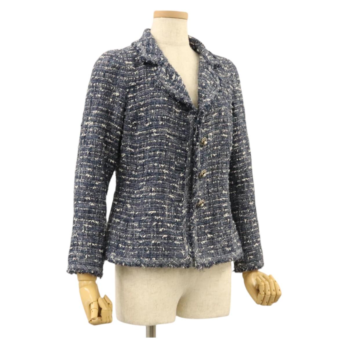CHANEL Jacket 34 Jacket Tweed 34 Blue CC Auth BA1352AM