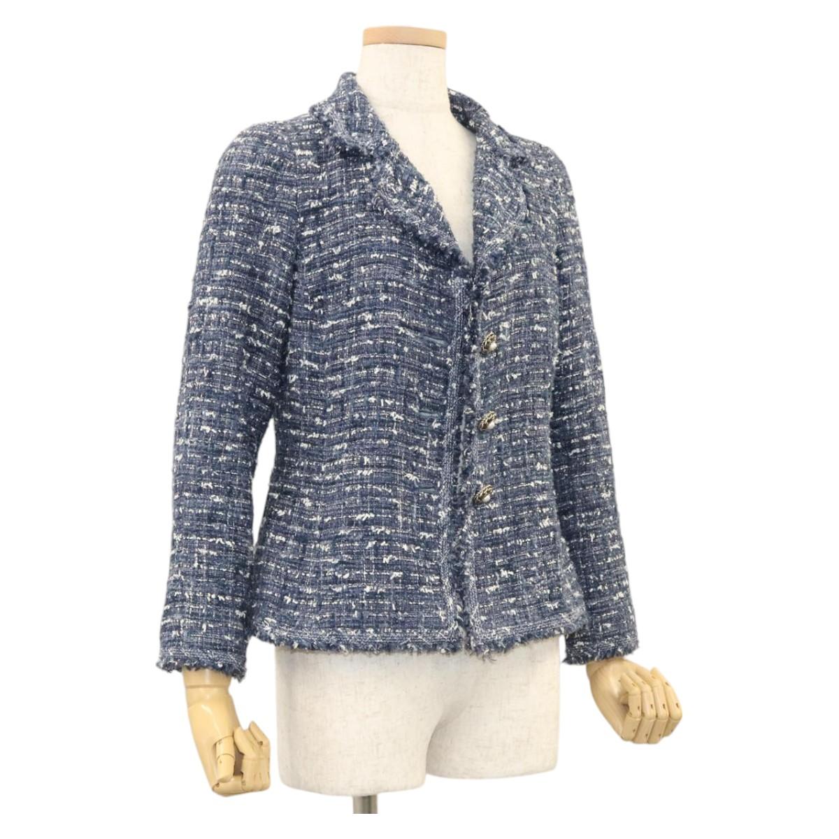 CHANEL Jacket 34 Jacket Tweed 34 Blue CC Auth BA1352AM