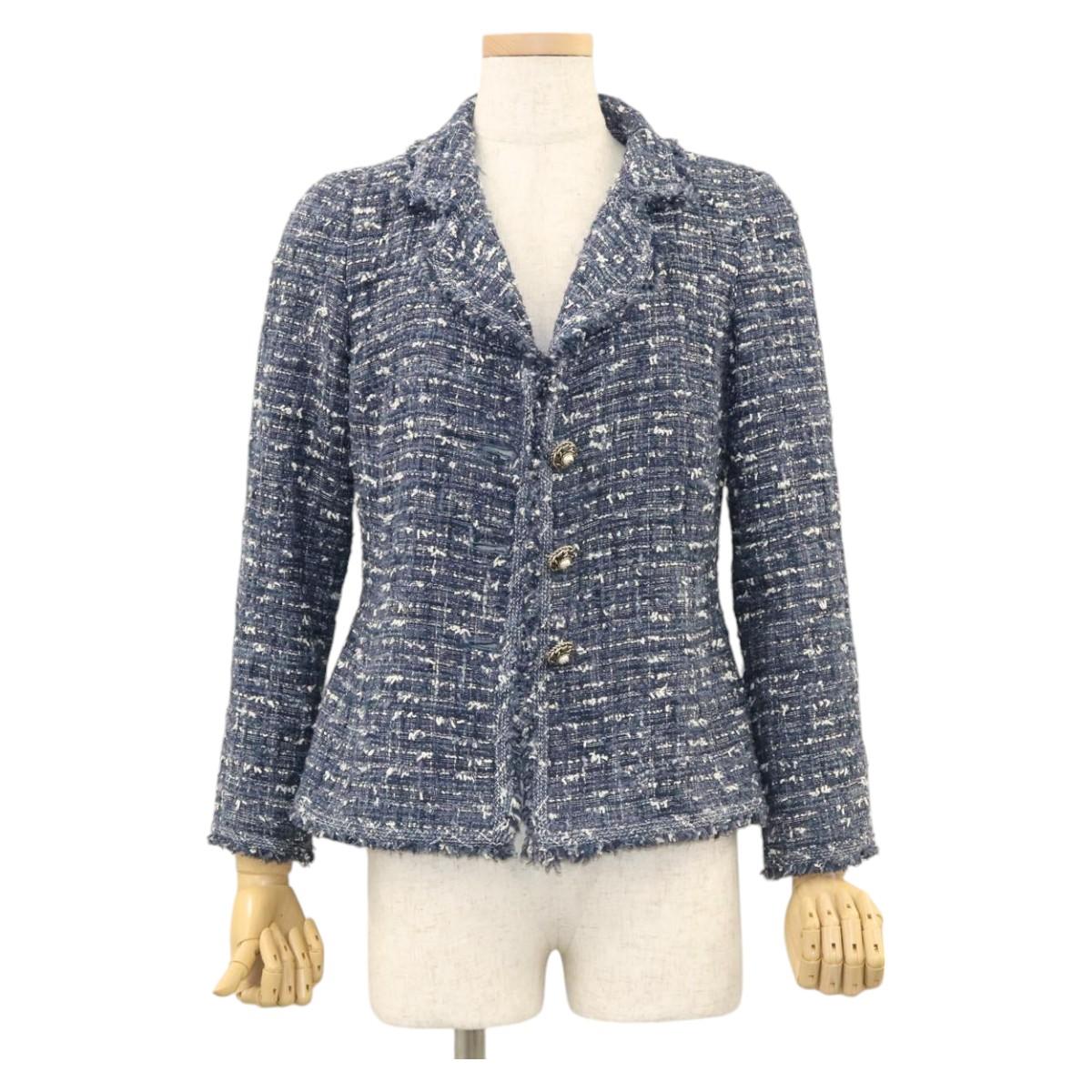 CHANEL Jacket 34 Jacket Tweed 34 Blue CC Auth BA1352AM