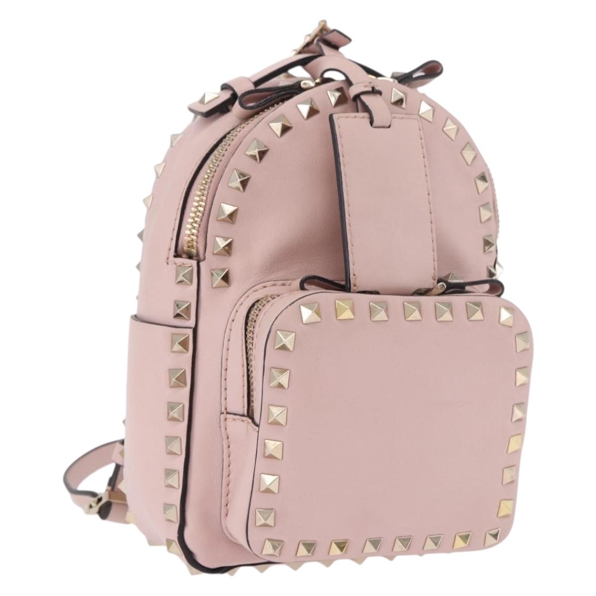 VALENTINO Studs Backpack Leather Pink Gold Auth BA13535
