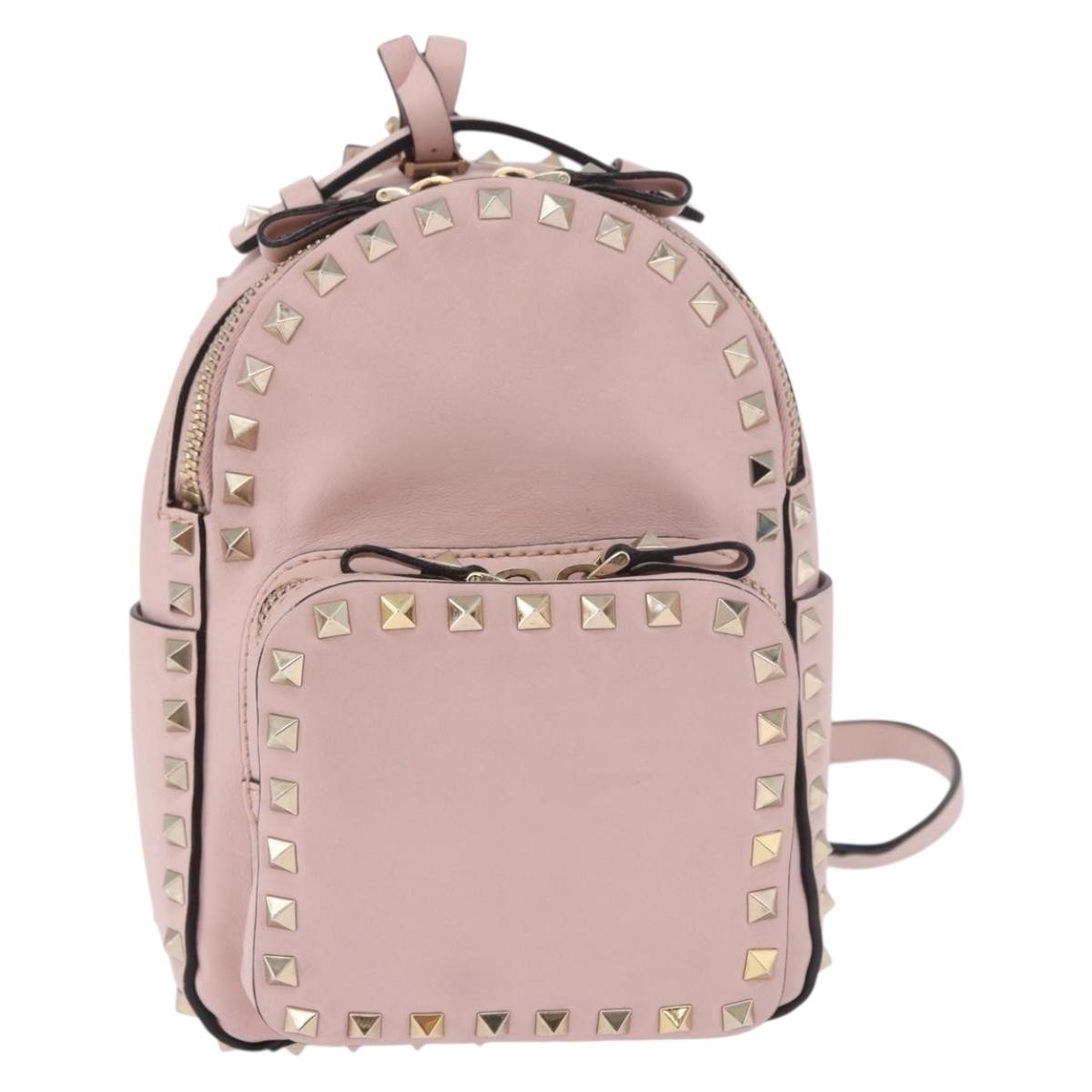 VALENTINO Studs Backpack Leather Pink Gold Auth BA13535
