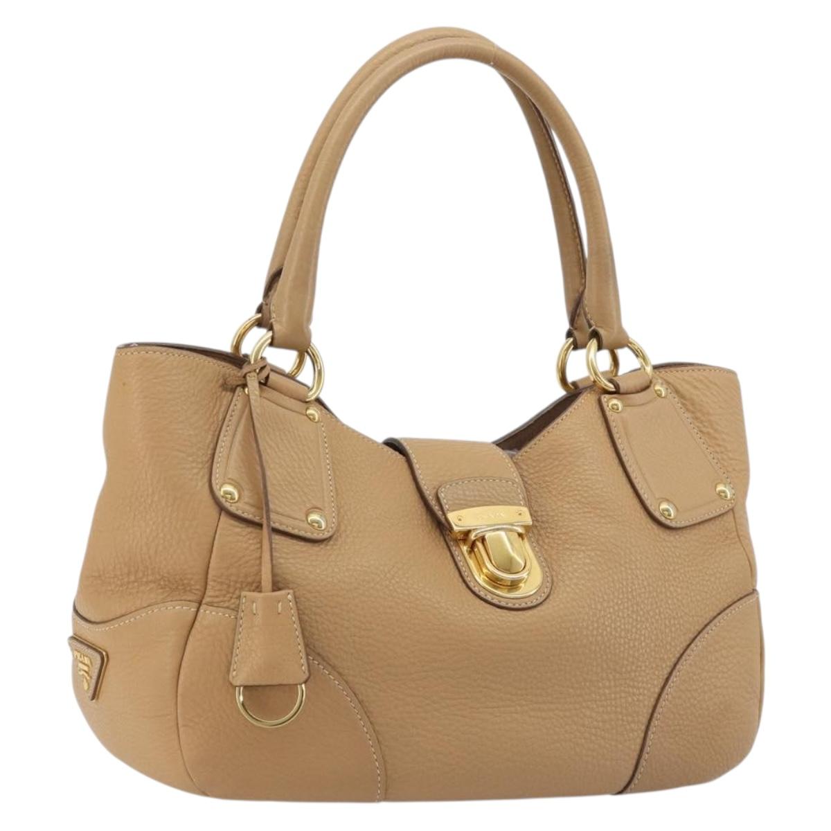 PRADA Hand Bag Leather Brown Gold Auth BA13540A