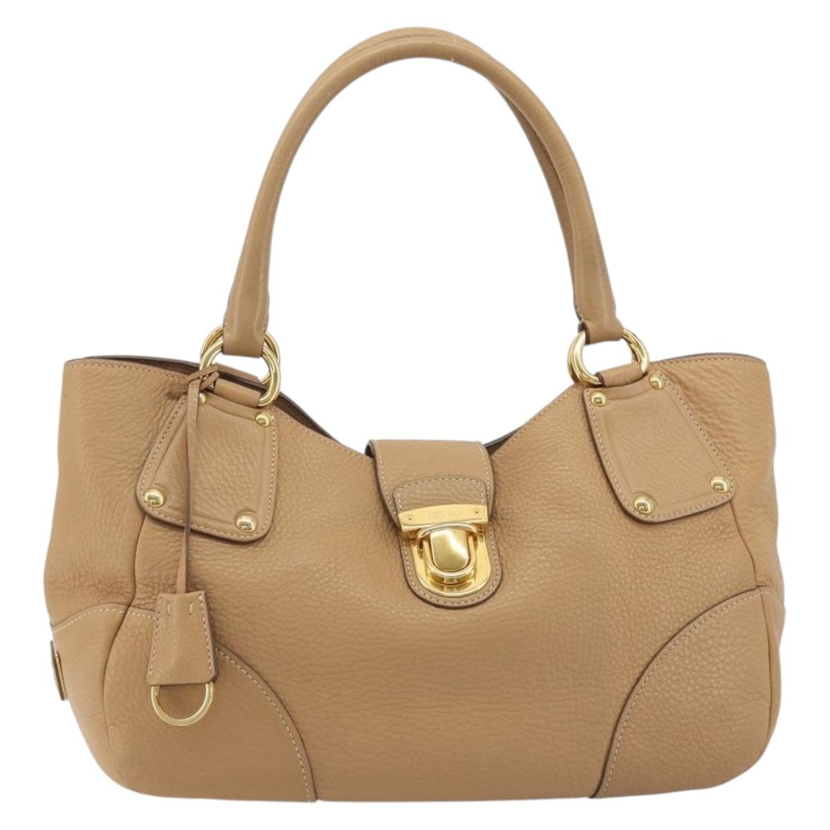 PRADA Hand Bag Leather Brown Gold Auth BA13540A