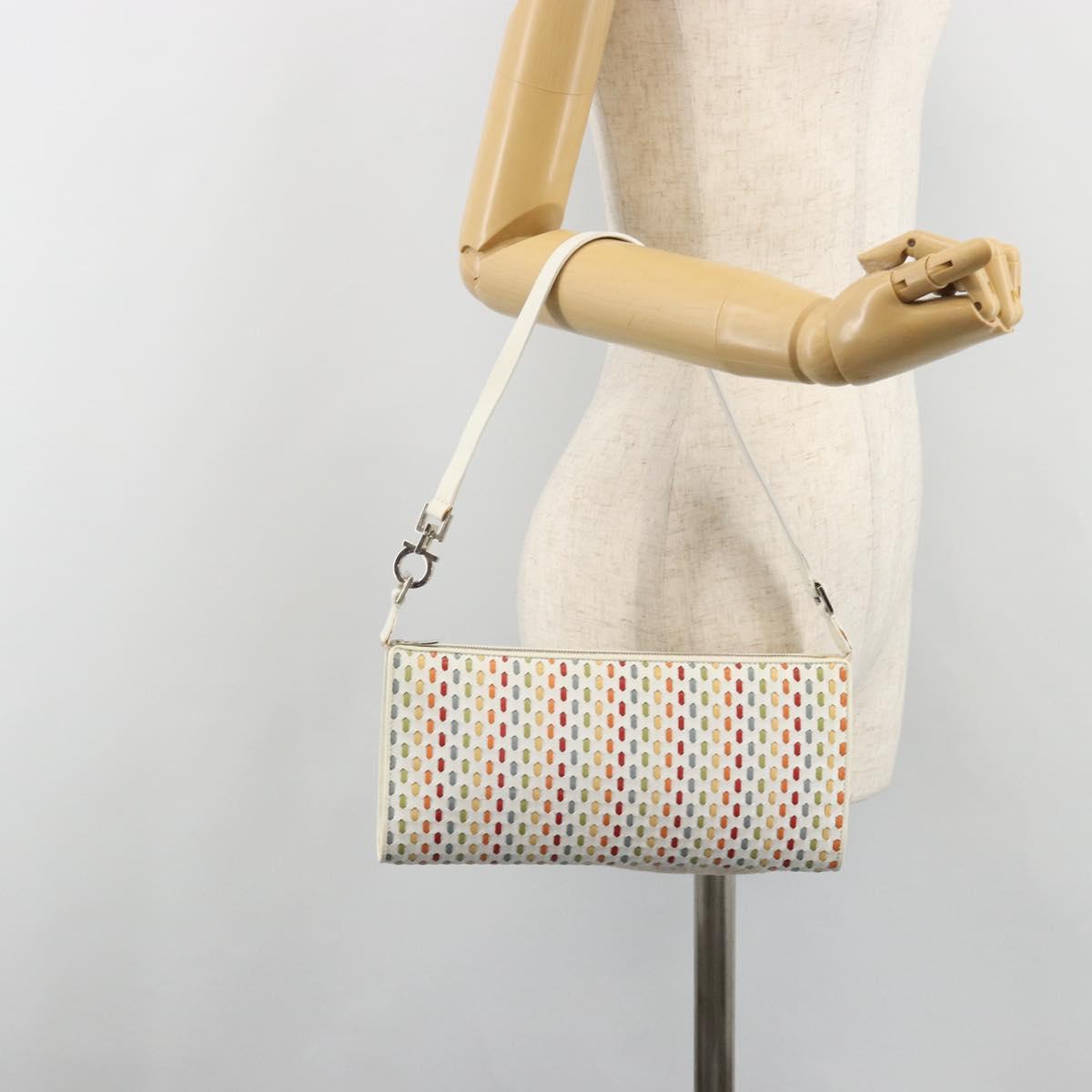 Salvatore Ferragamo Gancini Shoulder Bag Leather White Silver Auth BA13542V