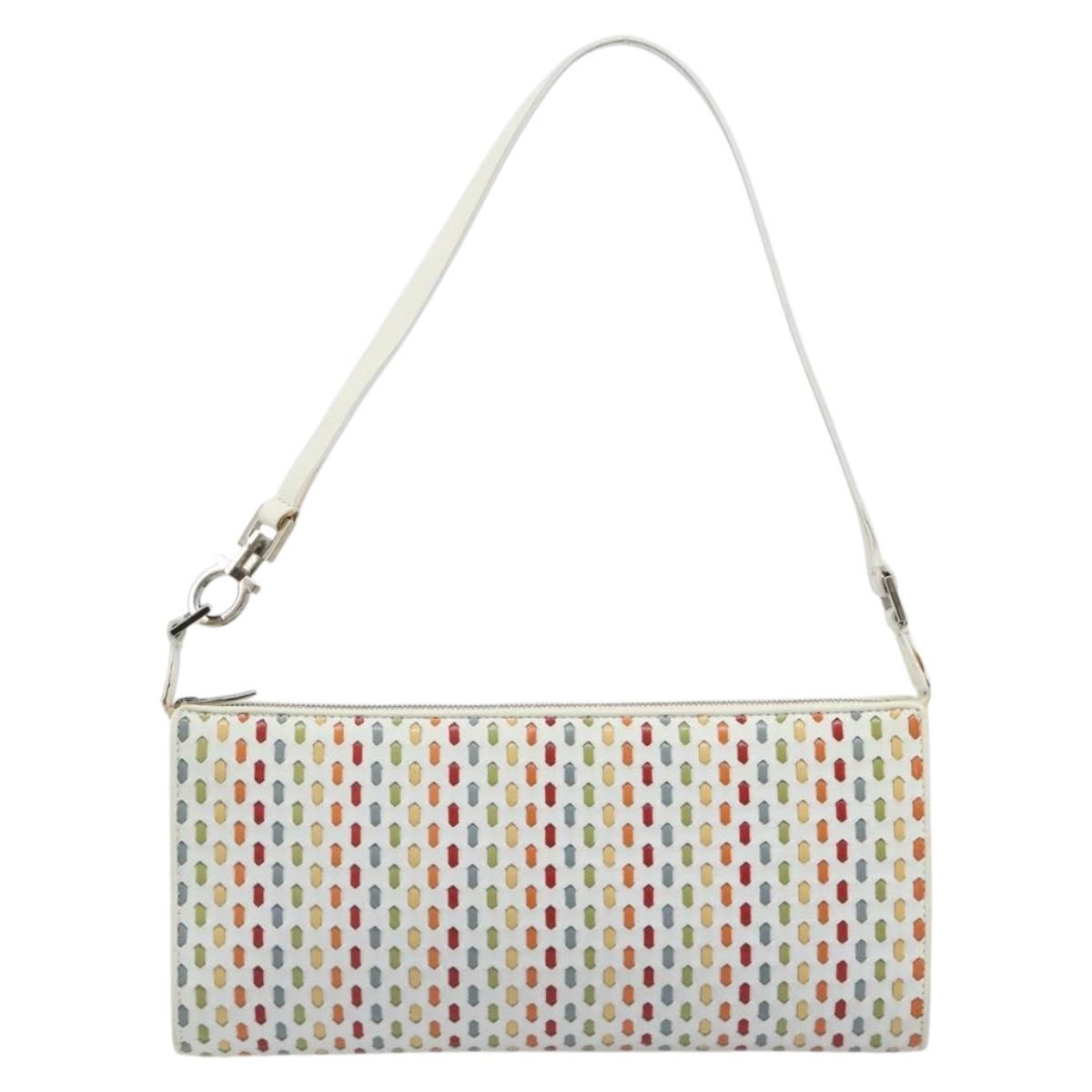 Salvatore Ferragamo Gancini Shoulder Bag Leather White Silver Auth BA13542V