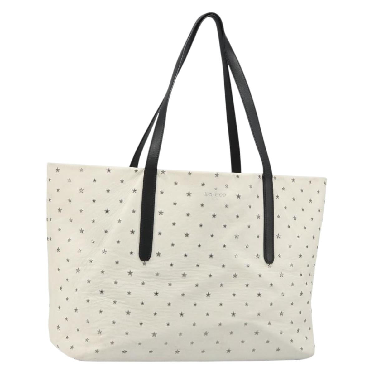 Jimmy Choo Studs Tote Bag Leather White Silver Auth BA13552