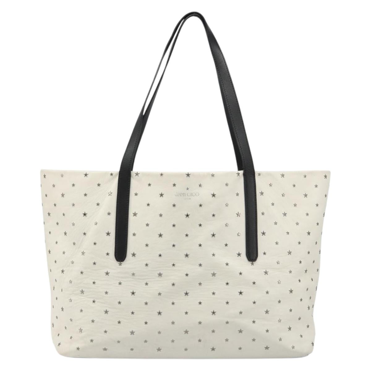 Jimmy Choo Studs Tote Bag Leather White Silver Auth BA13552