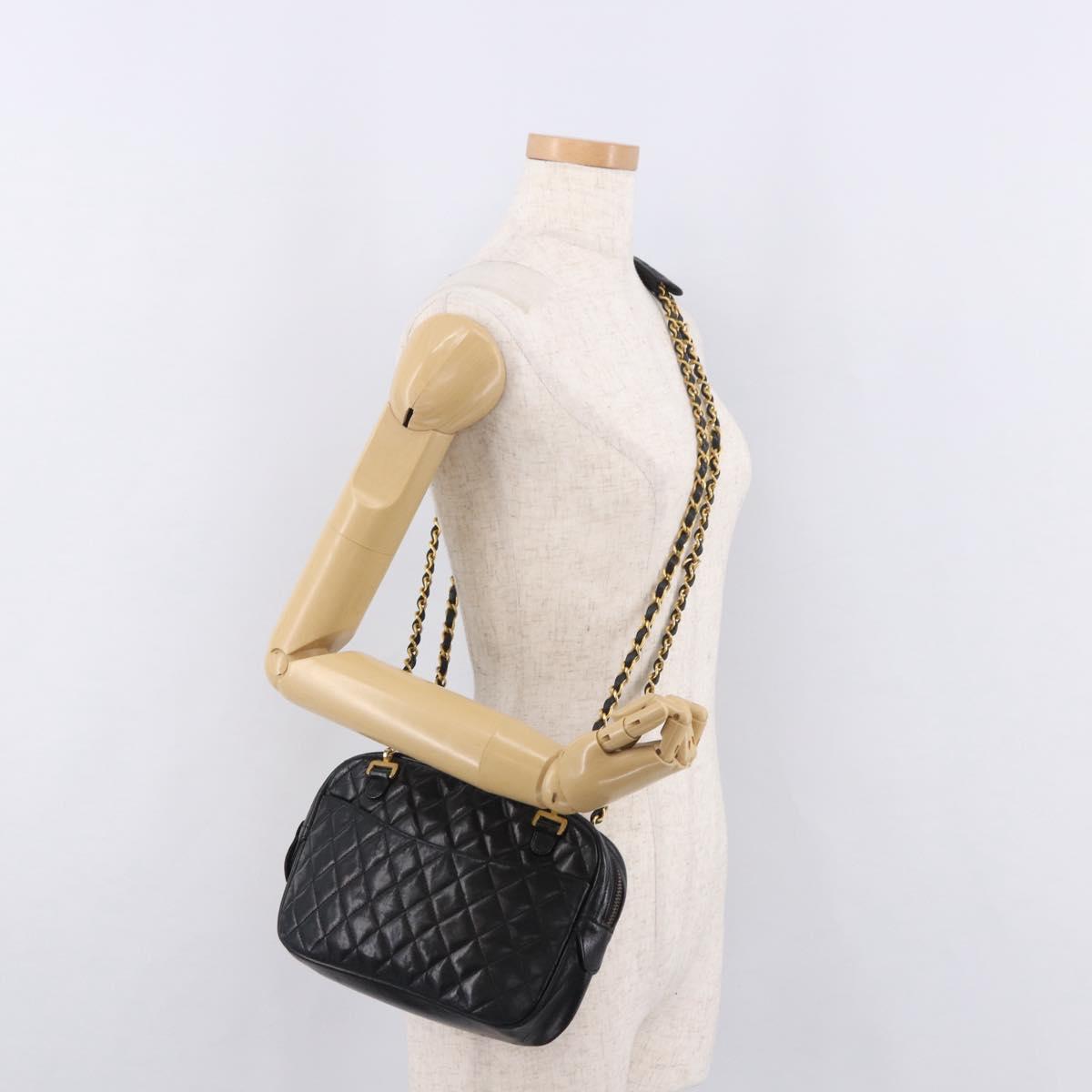 CHANEL Chain Shoulder Bag Lamb Skin Black Gold CC Auth BA13568