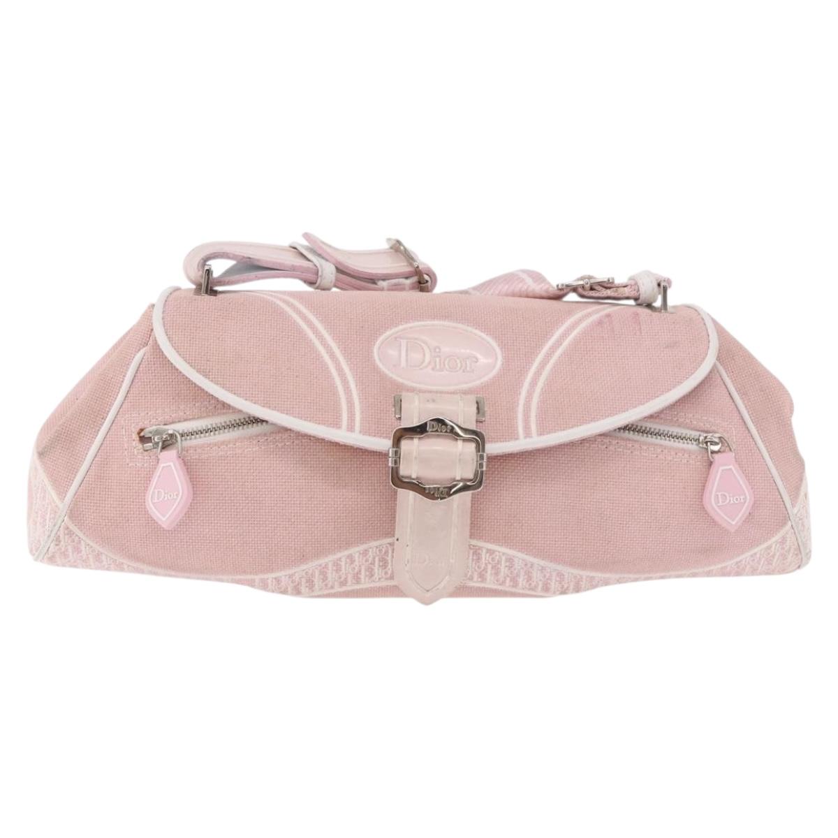 Christian Dior Trotter Canvas Shoulder Bag Pink Silver Auth BA13589A