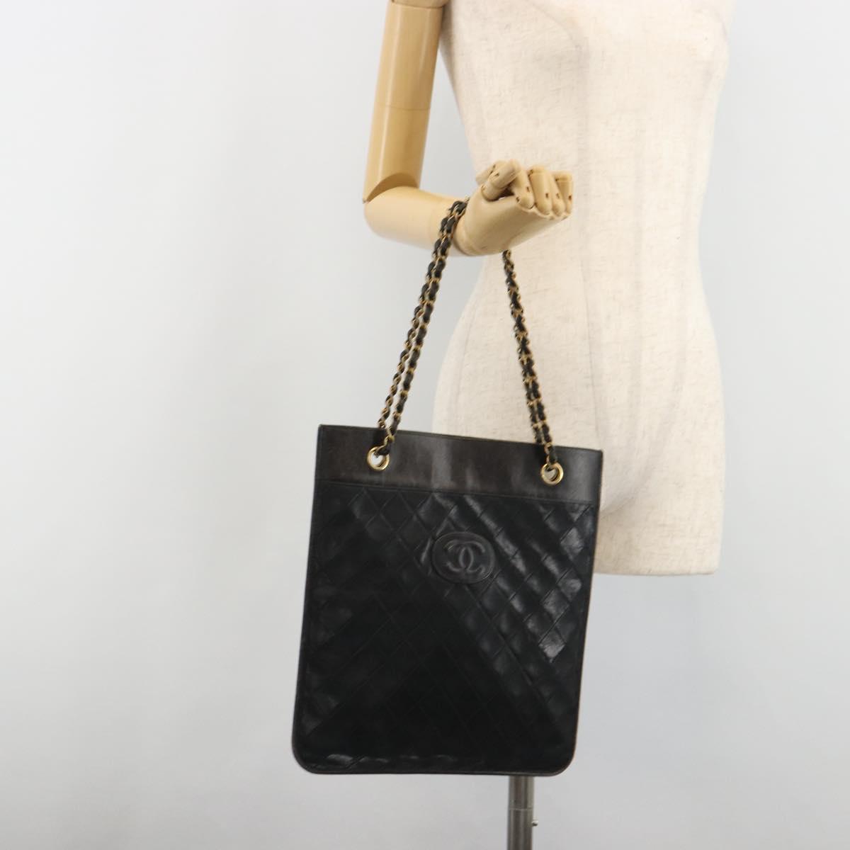 CHANEL Chain Tote Bag Lamb Skin Black Gold CC Auth BA13601