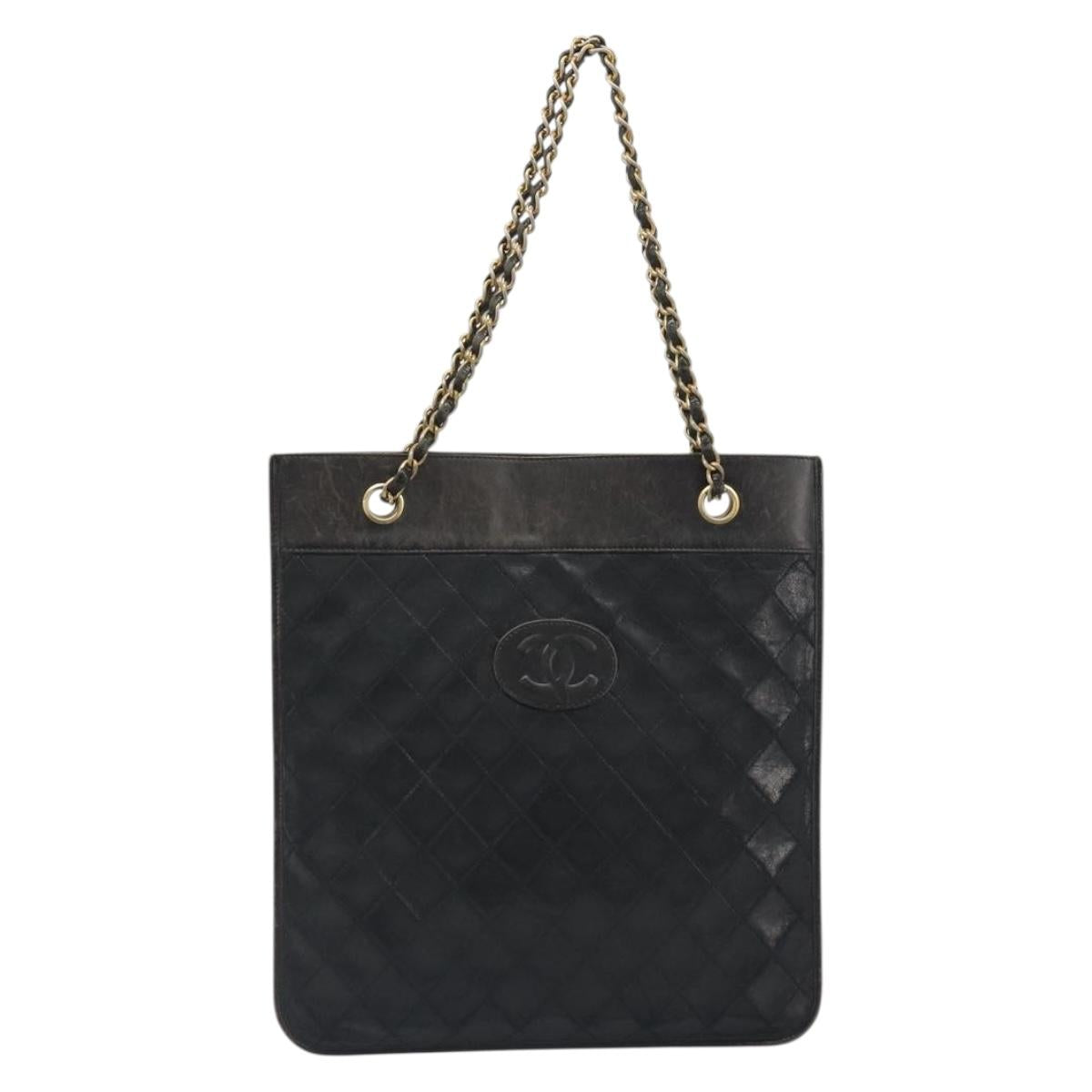 CHANEL Chain Tote Bag Lamb Skin Black Gold CC Auth BA13601