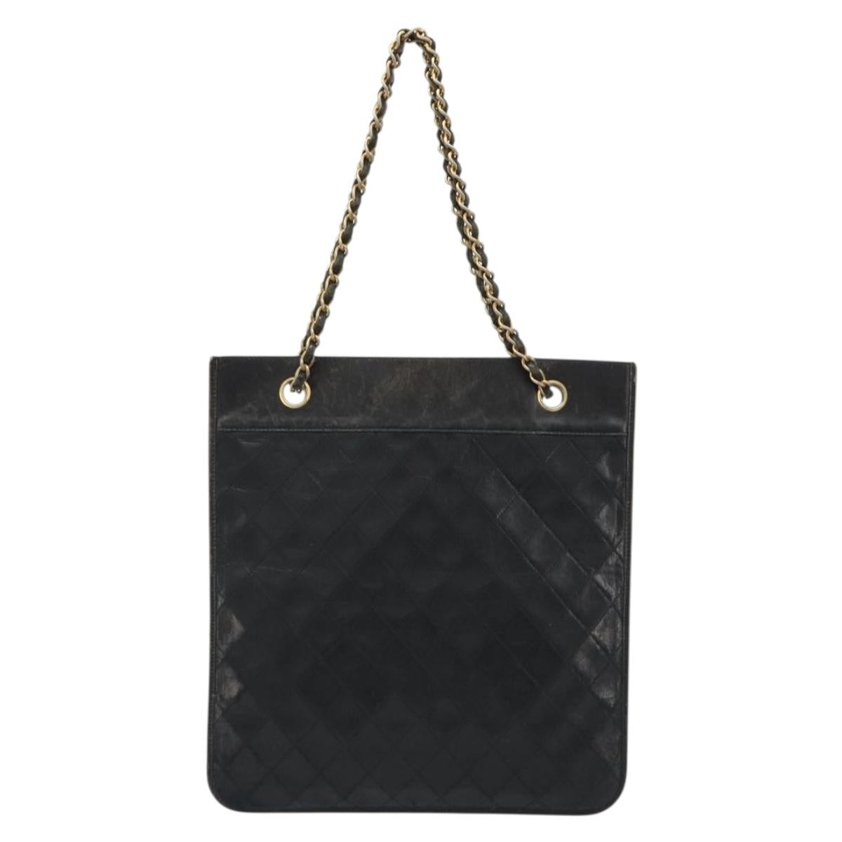 CHANEL Chain Tote Bag Lamb Skin Black Gold CC Auth BA13601
