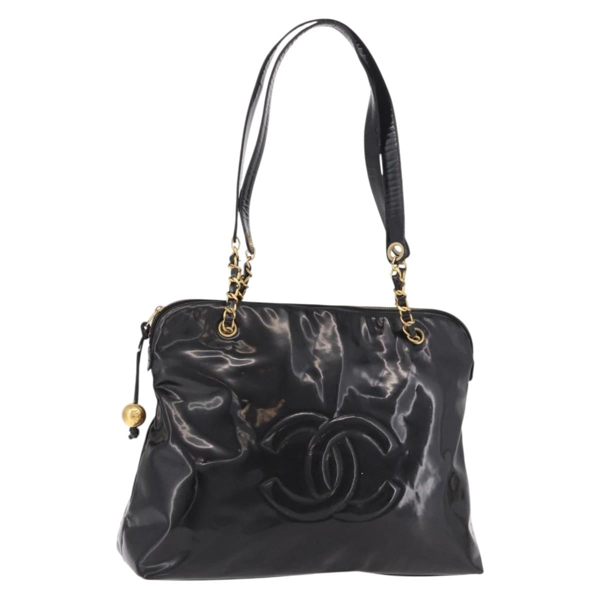 CHANEL Chain Tote Bag Patent leather Black Gold CC Auth BA13602A