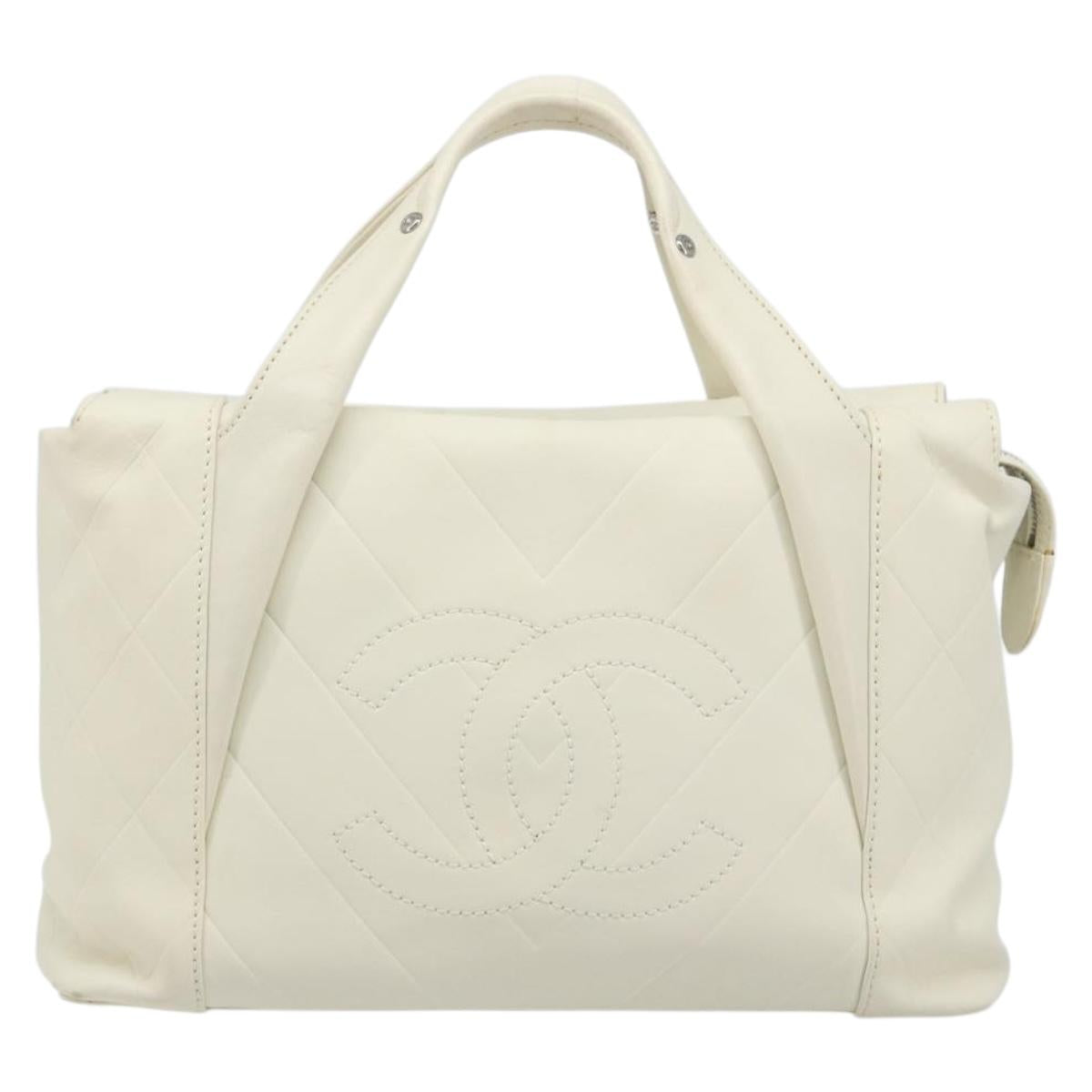 CHANEL V Stitch Hand Bag Lamb Skin White Silver CC Auth BA13606V