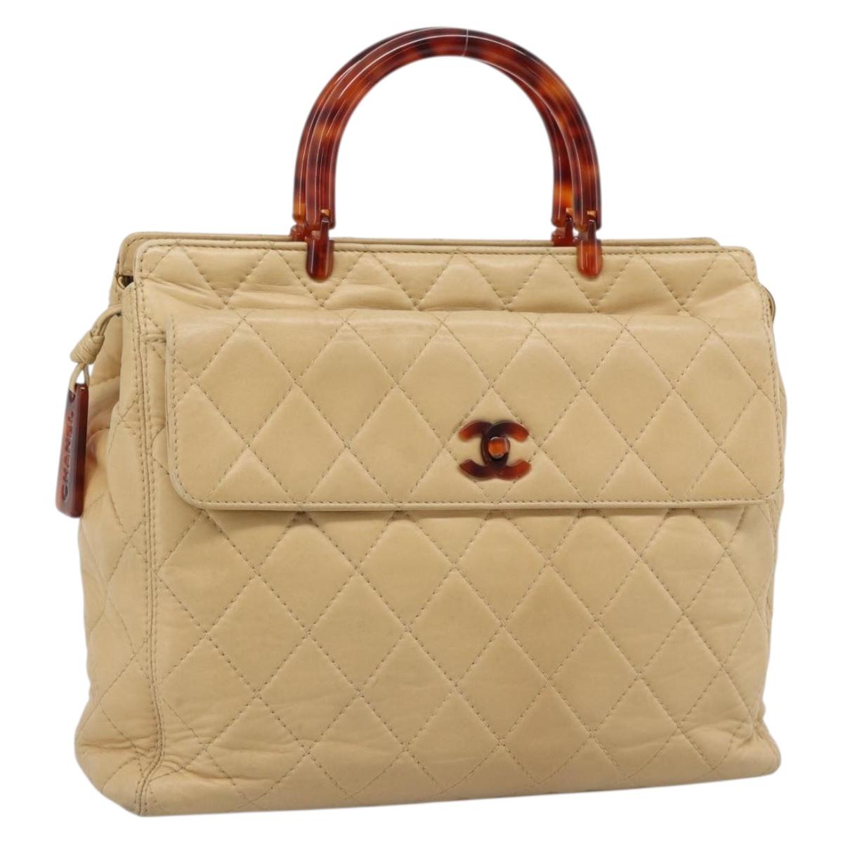CHANEL Matelasse Hand Bag Lamb Skin Beige CC Auth BA13609V