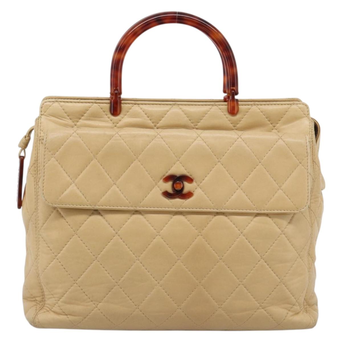 CHANEL Matelasse Hand Bag Lamb Skin Beige CC Auth BA13609V