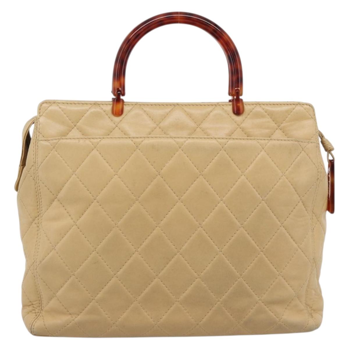 CHANEL Matelasse Hand Bag Lamb Skin Beige CC Auth BA13609V