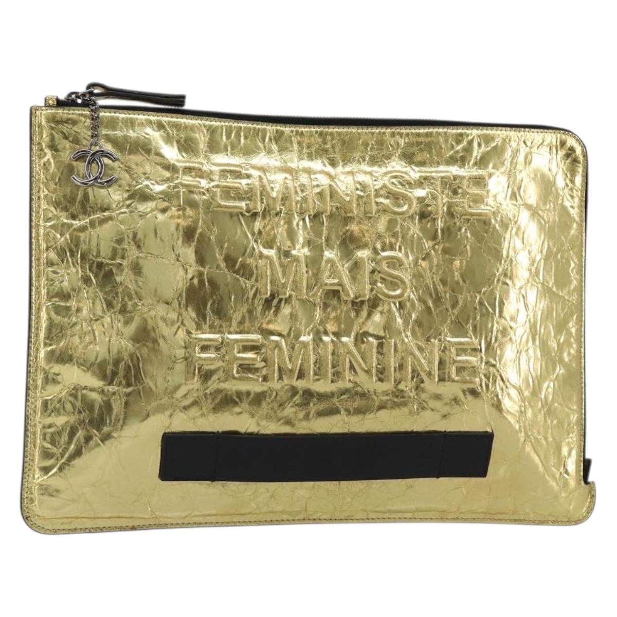 CHANEL Clutch Bag Leather Gold Tone Silver CC Auth BA13613SAM