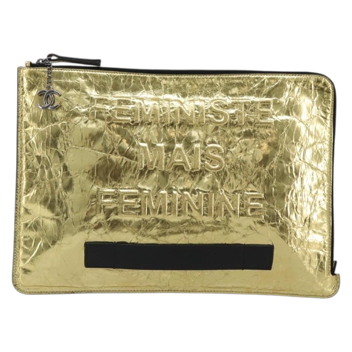 CHANEL Clutch Bag Leather Gold Tone Silver CC Auth BA13613SAM