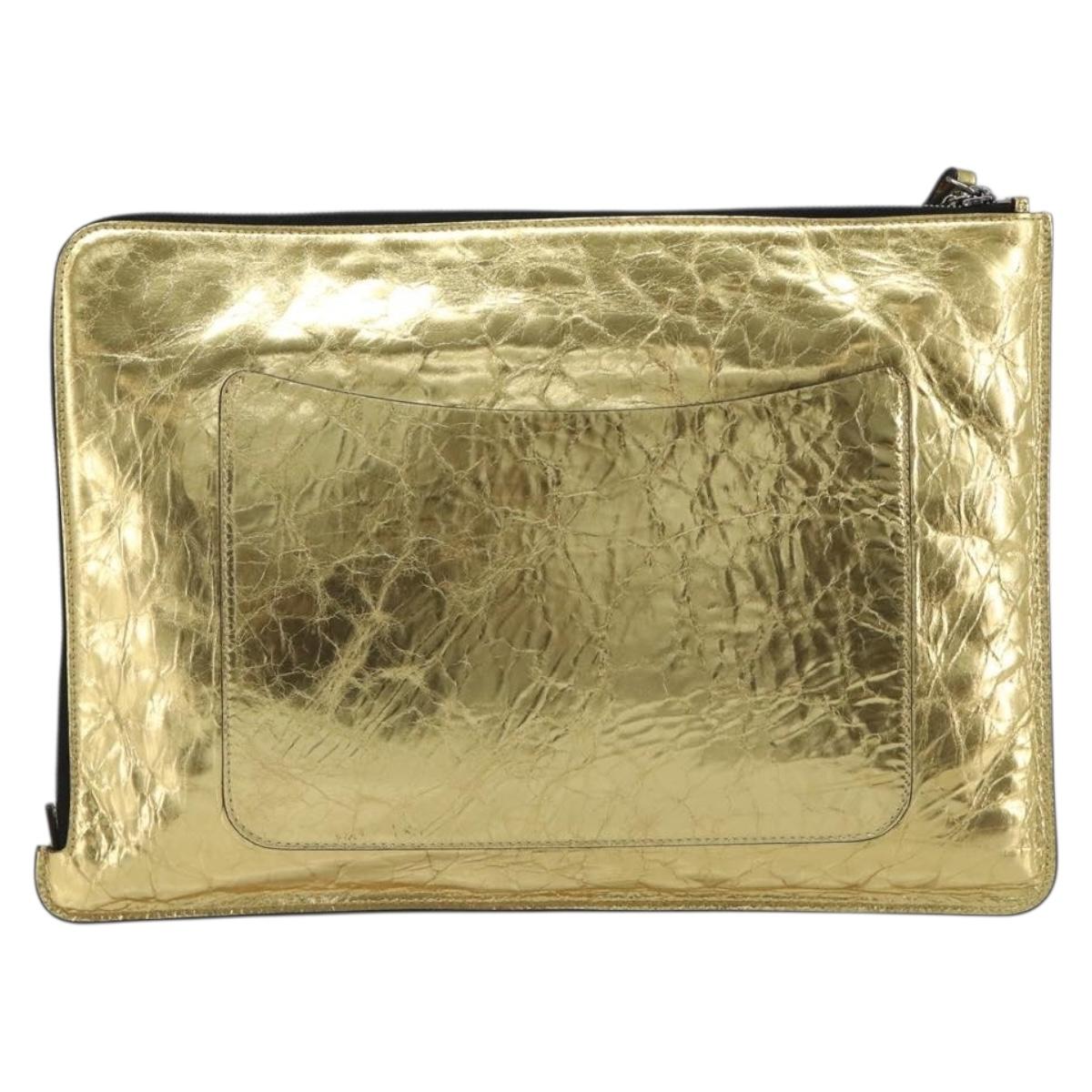 CHANEL Clutch Bag Leather Gold Tone Silver CC Auth BA13613SAM