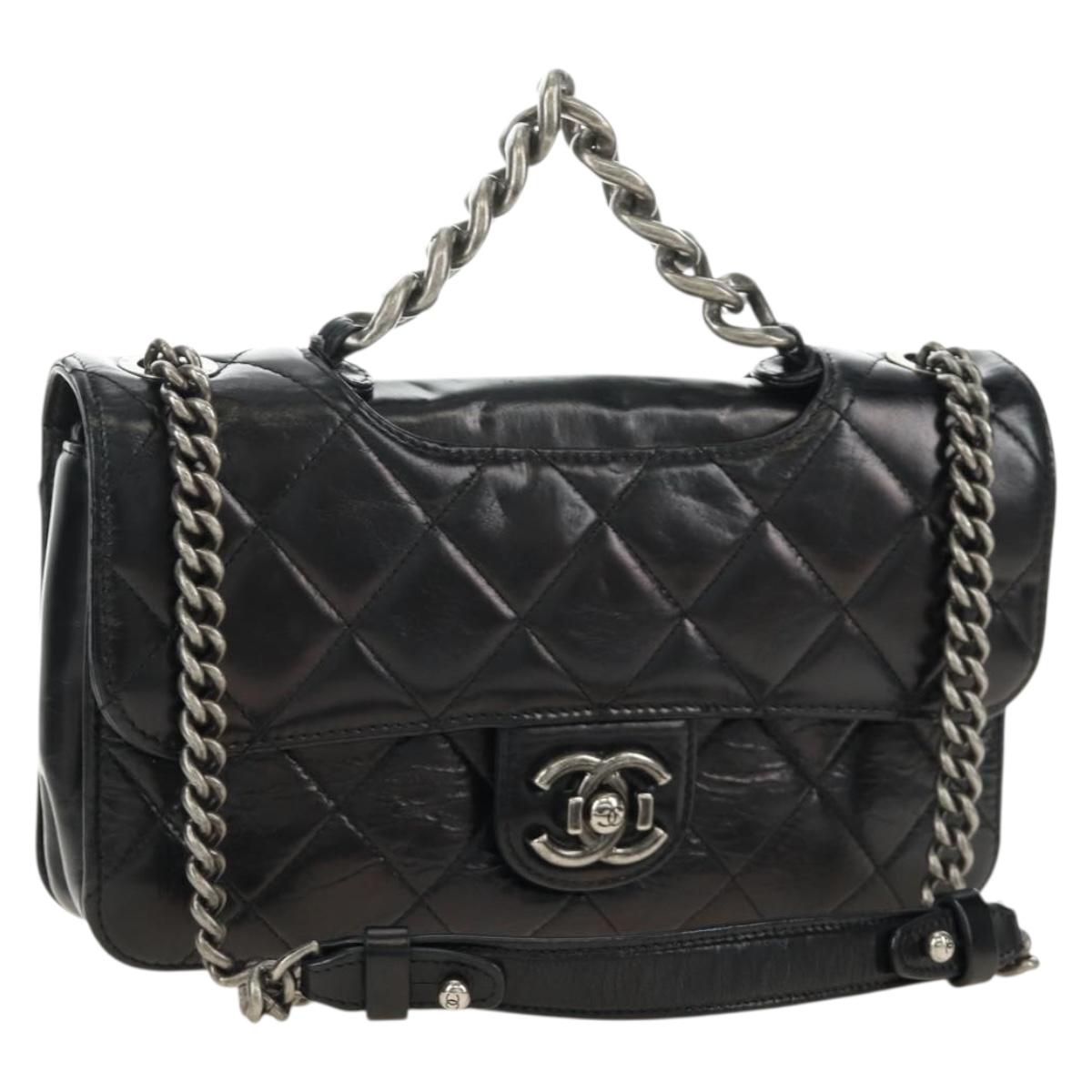 CHANEL Matelasse Chain Hand Bag Calf Skin 2way Black Silver CC Auth BA13614SAM