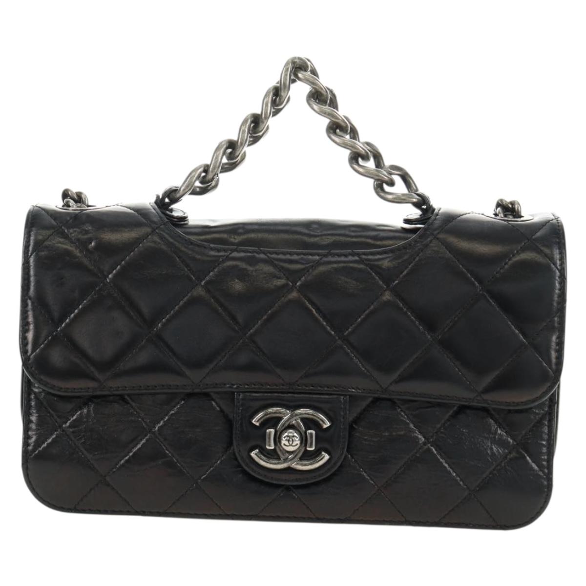 CHANEL Matelasse Chain Hand Bag Calf Skin 2way Black Silver CC Auth BA13614SAM
