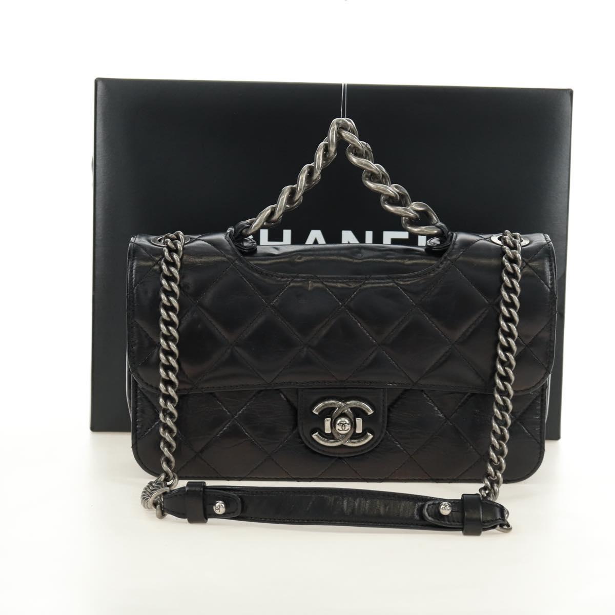 CHANEL Matelasse Chain Hand Bag Calf Skin 2way Black Silver CC Auth BA13614SAM