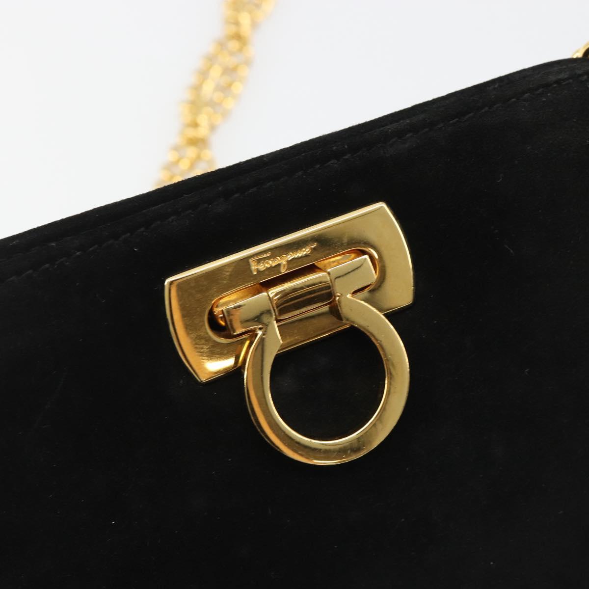 Salvatore Ferragamo Gancini Chain Shoulder Bag Suede Black Gold Auth BA13616V