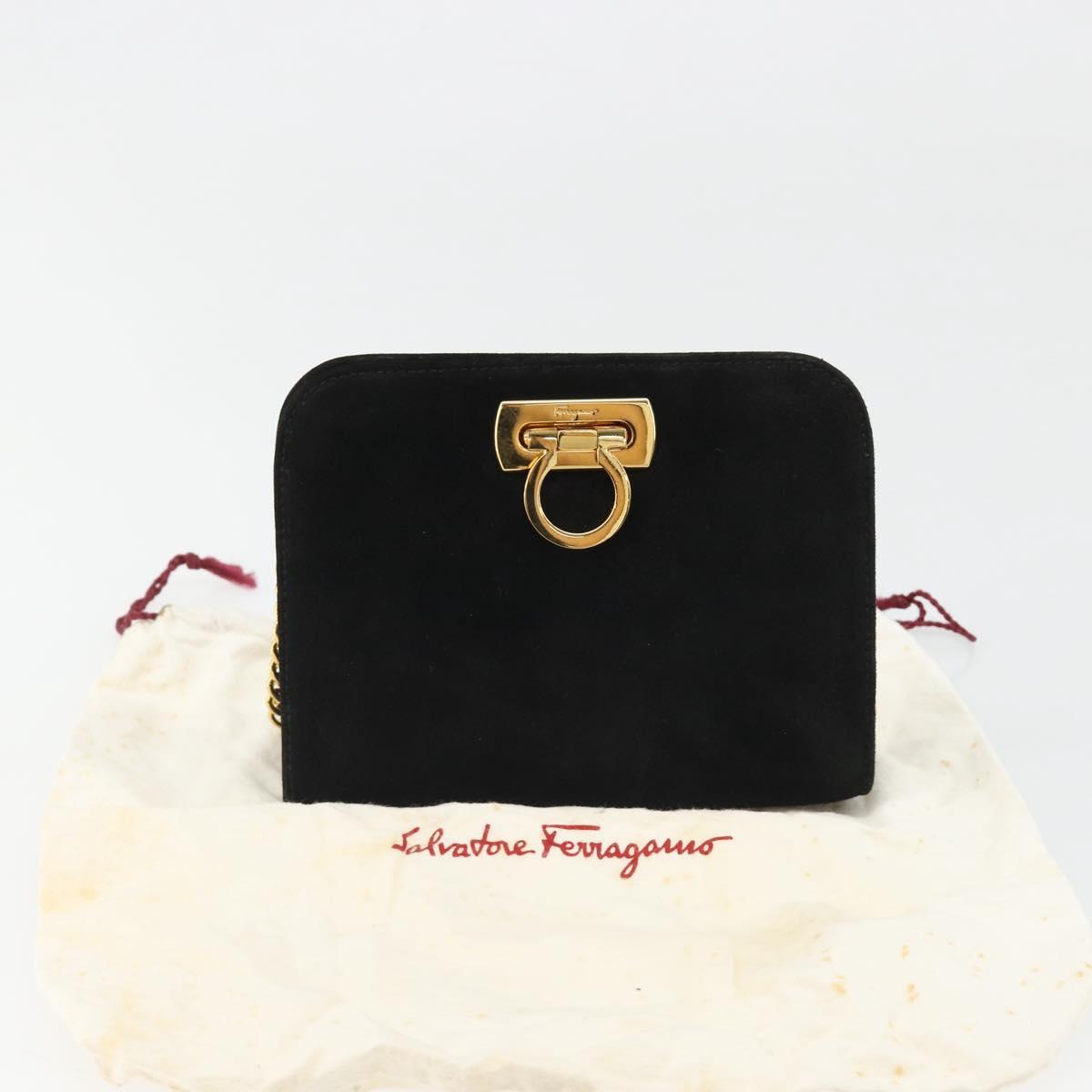 Salvatore Ferragamo Gancini Chain Shoulder Bag Suede Black Gold Auth BA13616V