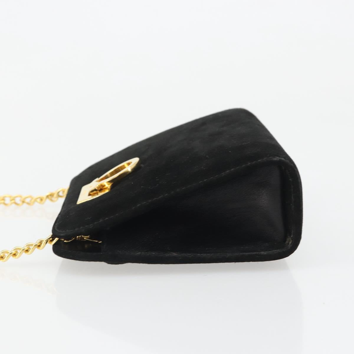 Salvatore Ferragamo Gancini Chain Shoulder Bag Suede Black Gold Auth BA13616V