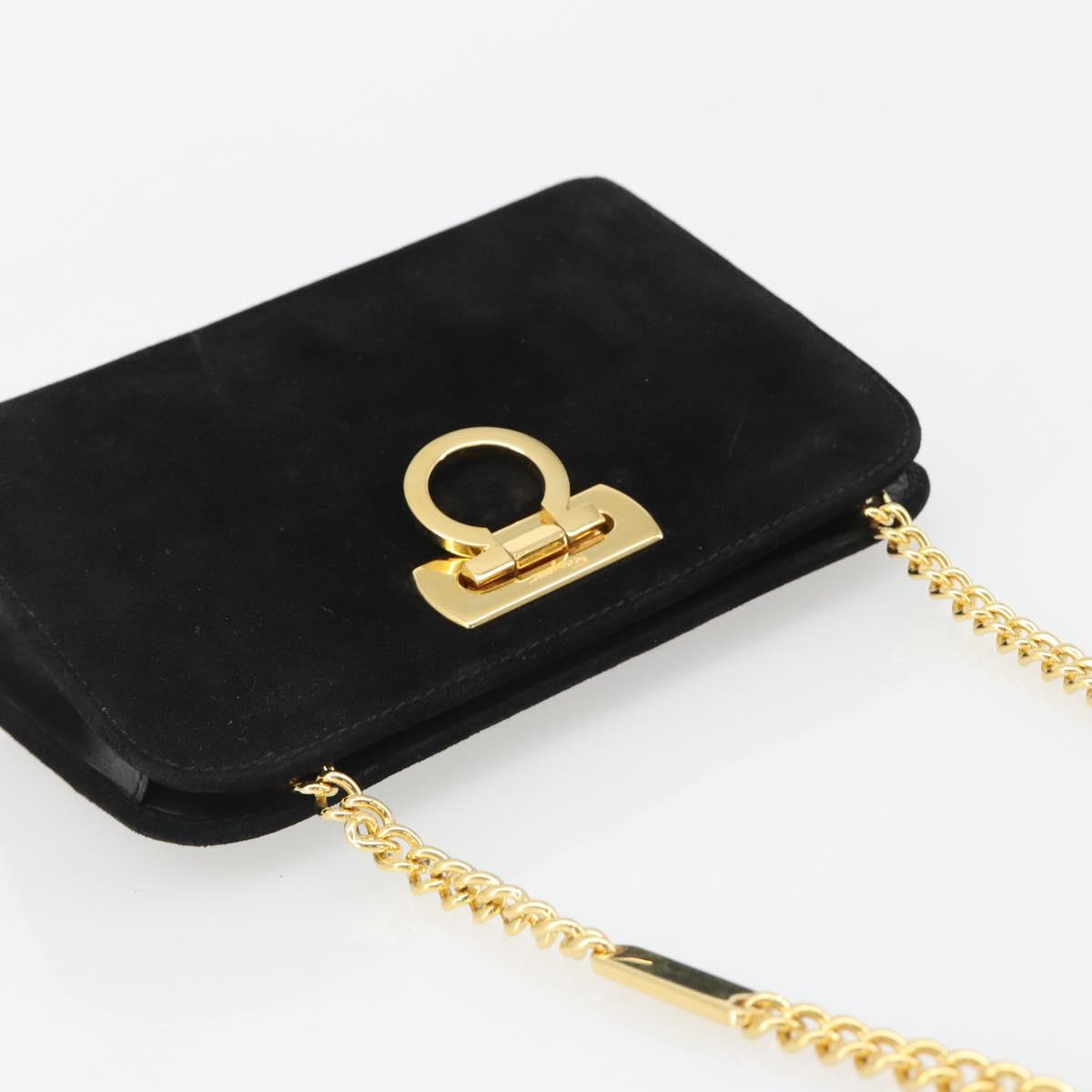 Salvatore Ferragamo Gancini Chain Shoulder Bag Suede Black Gold Auth BA13616V