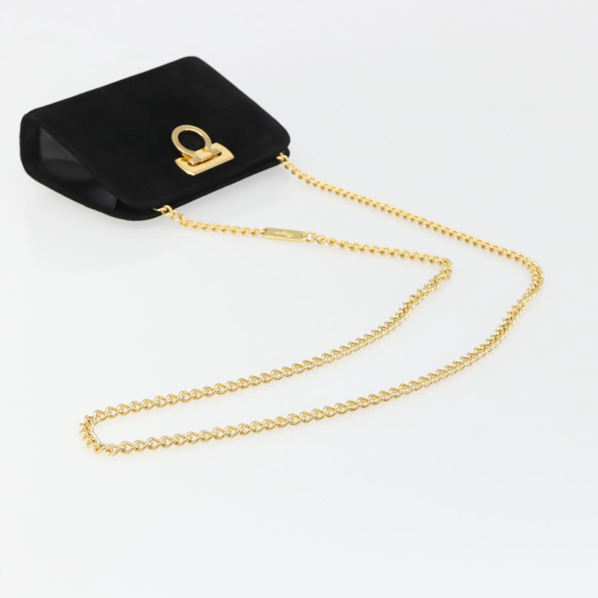Salvatore Ferragamo Gancini Chain Shoulder Bag Suede Black Gold Auth BA13616V