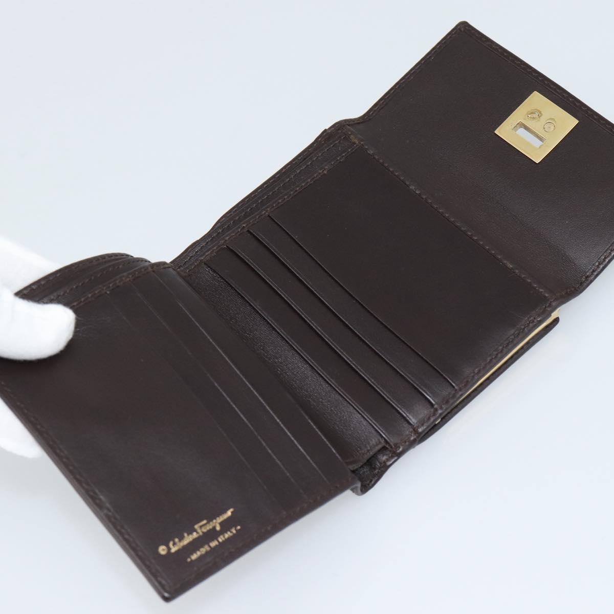 Salvatore Ferragamo Gancini Trifold Wallet Leather Brown Gold Auth BA13626V