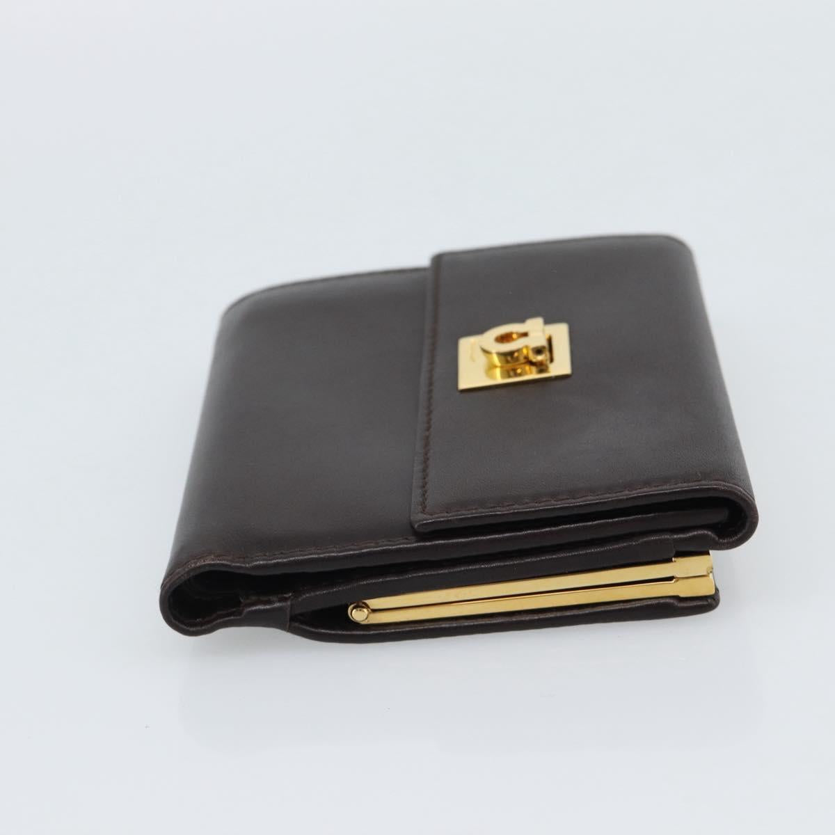 Salvatore Ferragamo Gancini Trifold Wallet Leather Brown Gold Auth BA13626V