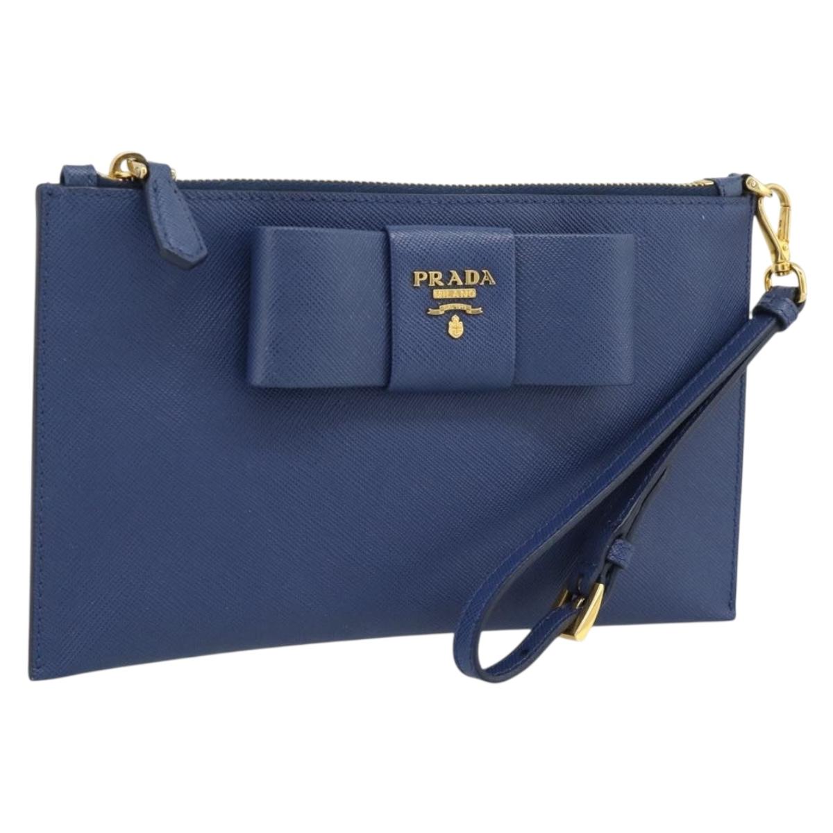 PRADA Clutch Bag Safiano Blue Gold Auth BA13647V