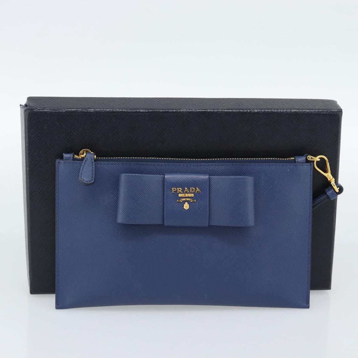 PRADA Clutch Bag Safiano Blue Gold Auth BA13647V