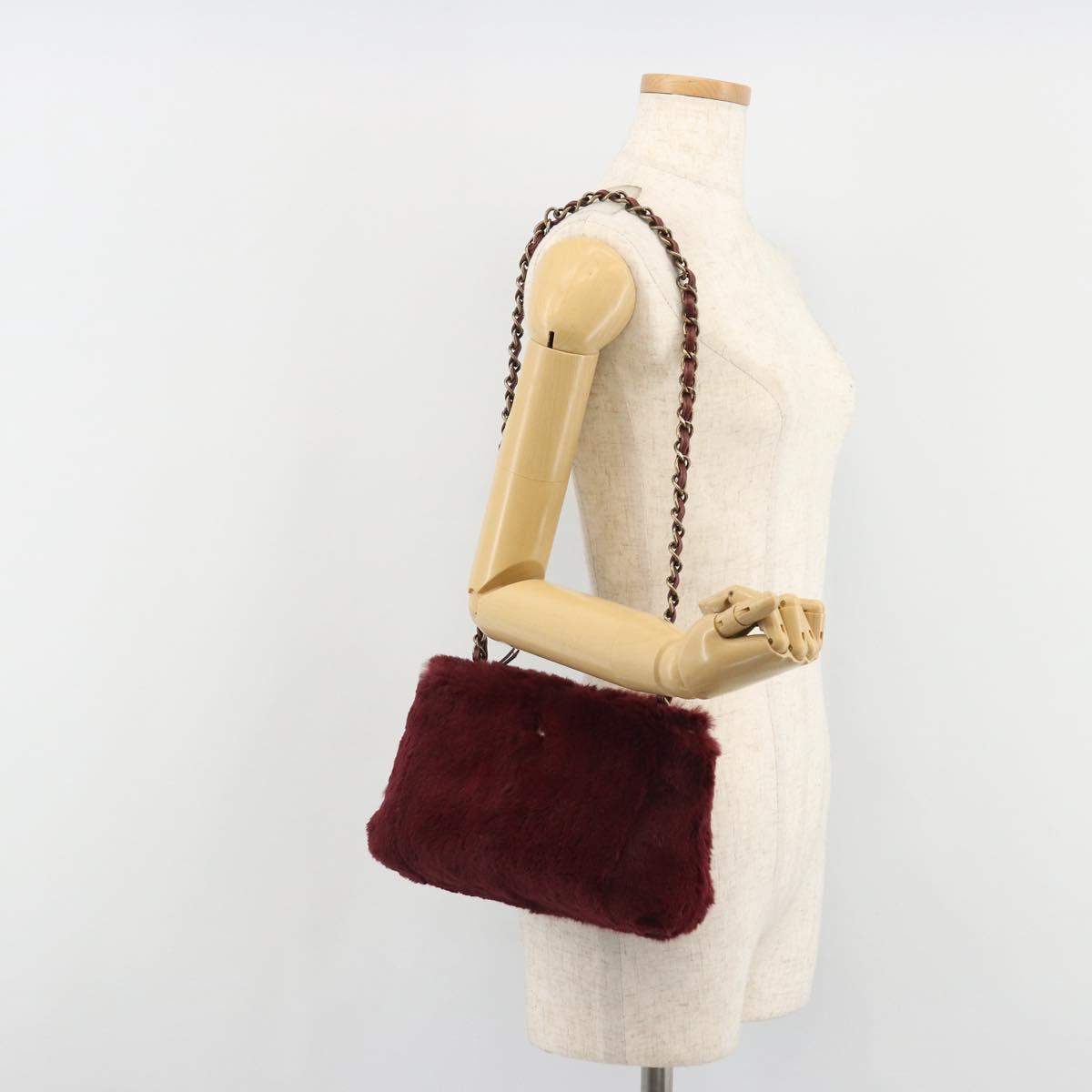 CHANEL Chain Shoulder Bag Fur Red CC Auth BA13649V