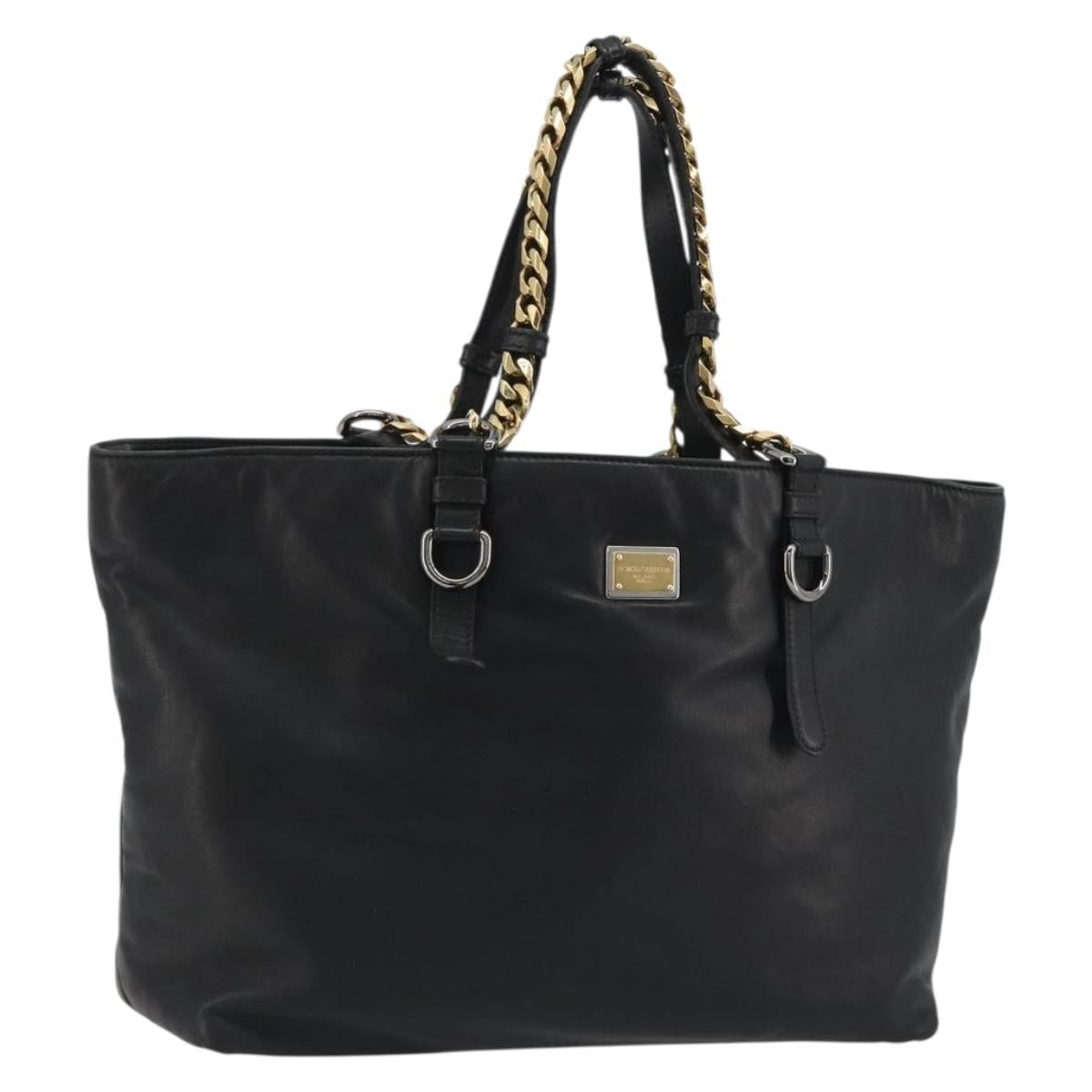 DOLCE&GABBANA Chain Tote Bag Leather Black Gold Auth BA13681V
