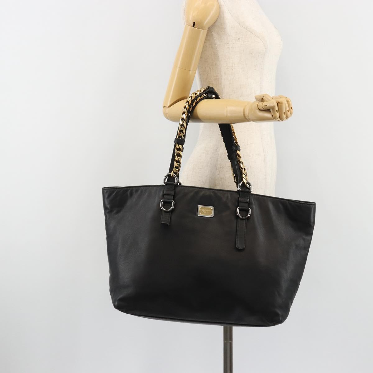 DOLCE&GABBANA Chain Tote Bag Leather Black Gold Auth BA13681V