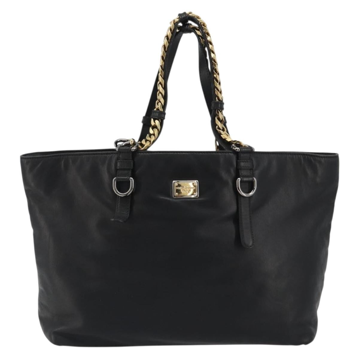 DOLCE&GABBANA Chain Tote Bag Leather Black Gold Auth BA13681V