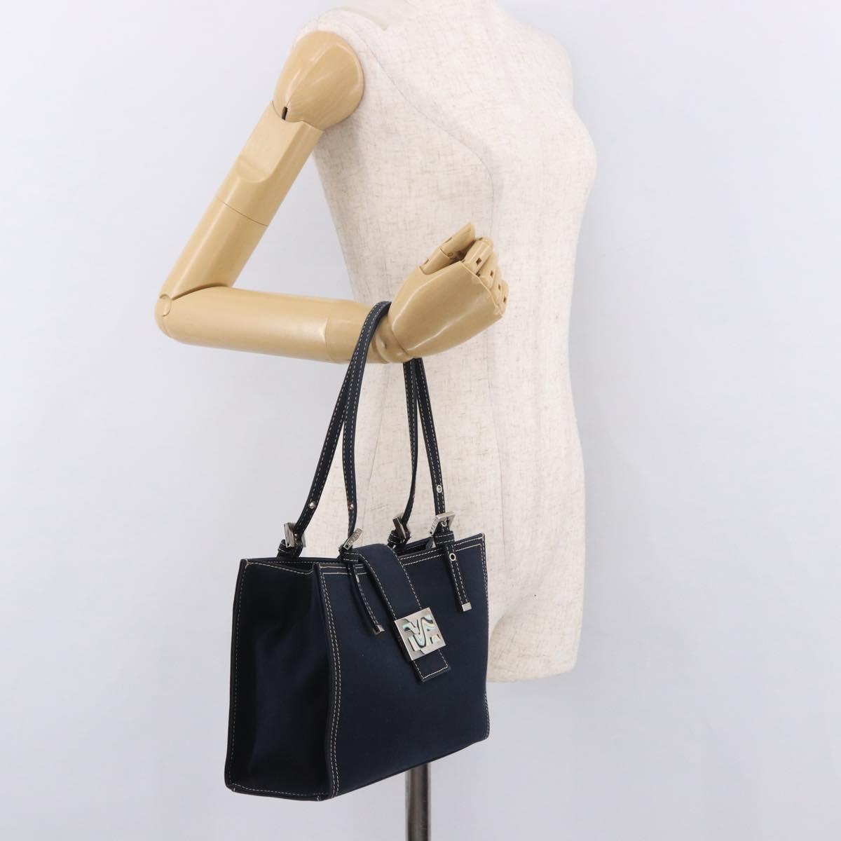 FENDI Mamma Baguette Tote Bag Canvas Navy Silver Auth BA13682V