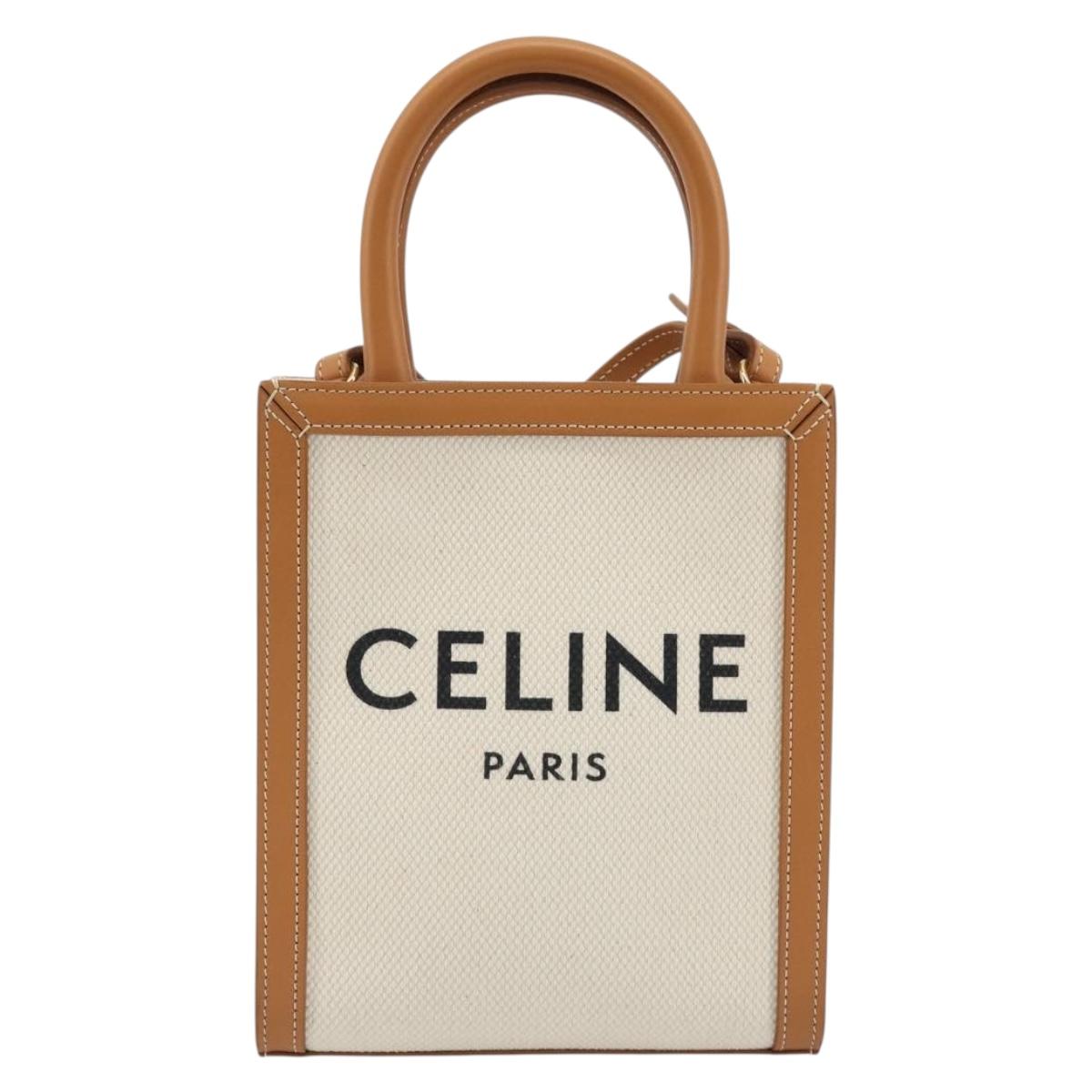 CELINE Vertical Cabas Tote Bag Canvas 2way White Gold Auth BA13687M